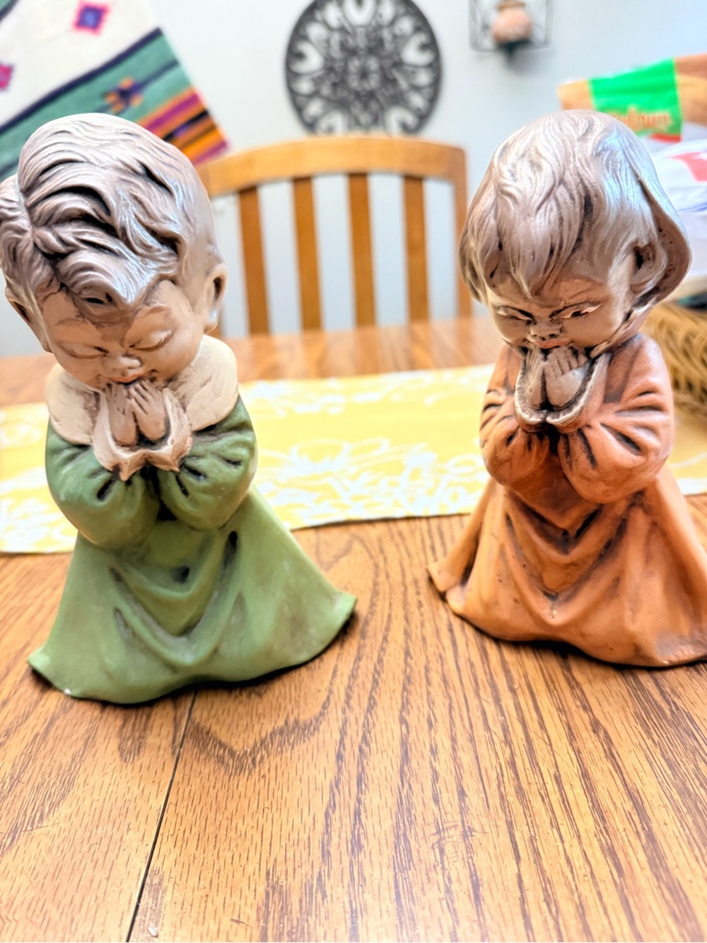 Vintage Ceramic Praying Child Figurines - Green & Orange Home Art Set